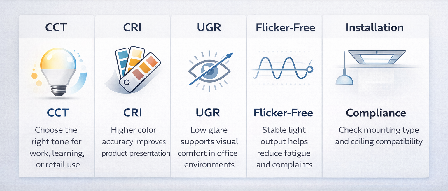 Key Factors for Choosing LED Panel Lights Infographic showing CCT, CRI, UGR, flicker-free performance, installation type, and compliance for LED panel lights