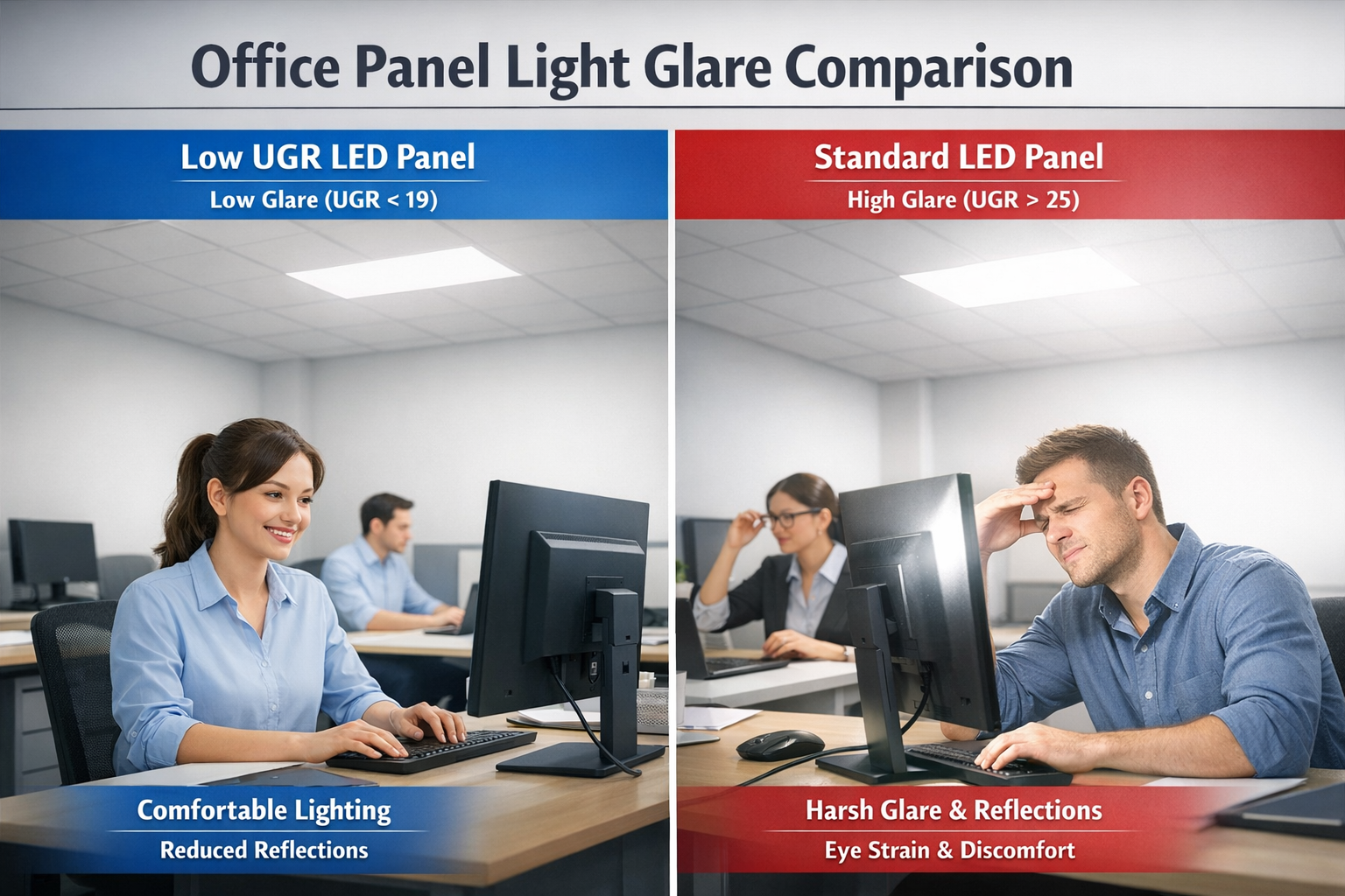 Office Panel Light Glare Comparison Comparison of office lighting with glare and balanced LED panel lighting with even illumination