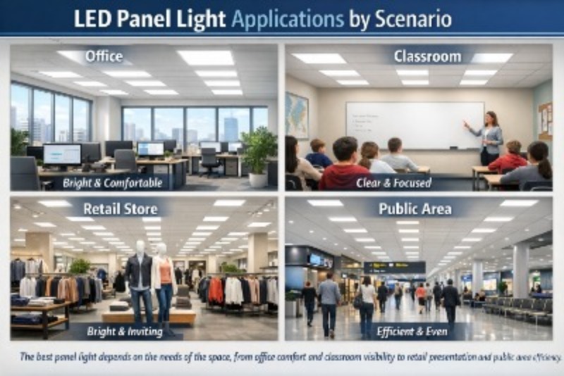 Comparison of LED panel light applications for office, classroom, retail, and public area lighting 
