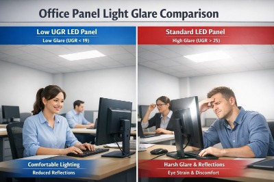 Comparison of office lighting with glare and balanced LED panel lighting with even illumination