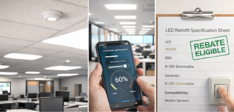 Commercial LED lighting system with sensors, dimming, and rebate-eligible specification requirements Commercial LED lighting system with sensors, dimming, and rebate-eligible specification requirements