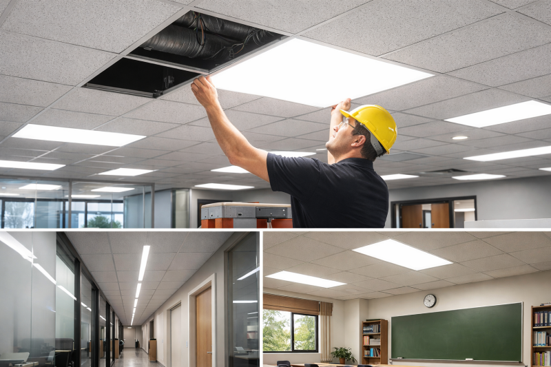 Commercial Lighting Retrofit and LED Upgrade LED retrofit upgrade in an existing commercial building with panel and linear lighting