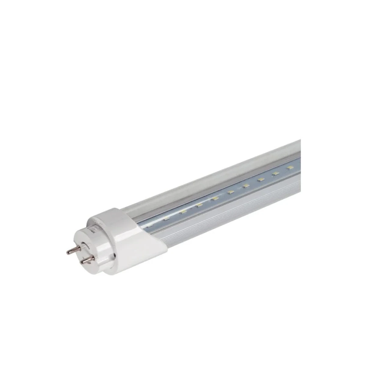 Aluminium and PC T8 LED tube with G13 pins on a white background
