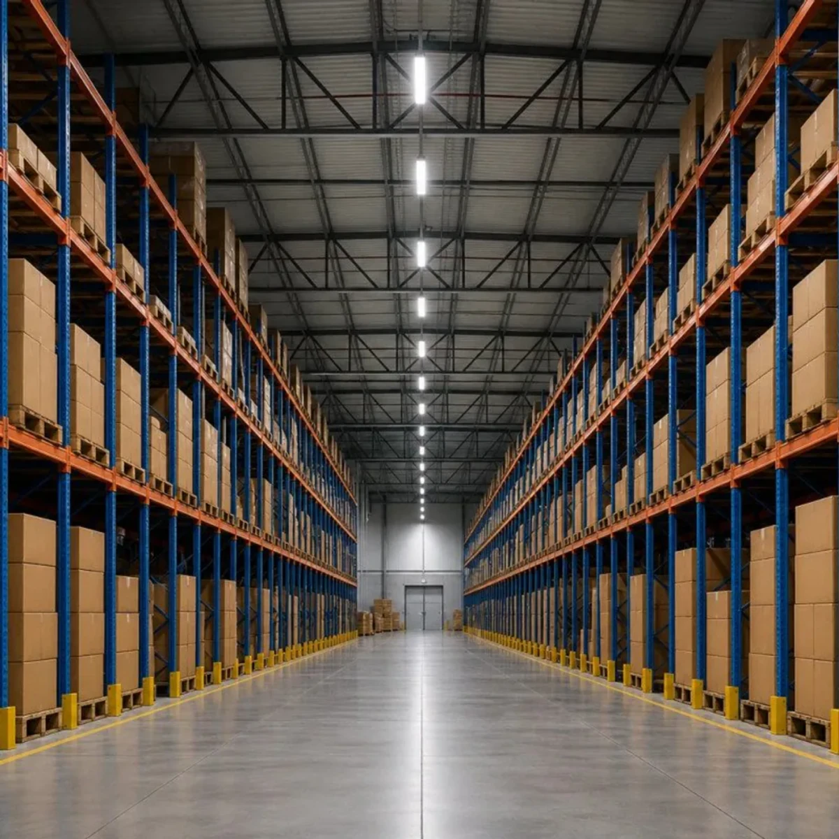 LED tube lighting in a warehouse aisle for fluorescent replacement