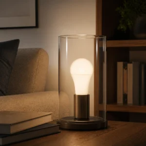A60 LED bulb installed in an indoor table lamp