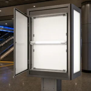 360-degree double-sided T8 LED tube secured between two G13 holders inside a double-sided lightbox