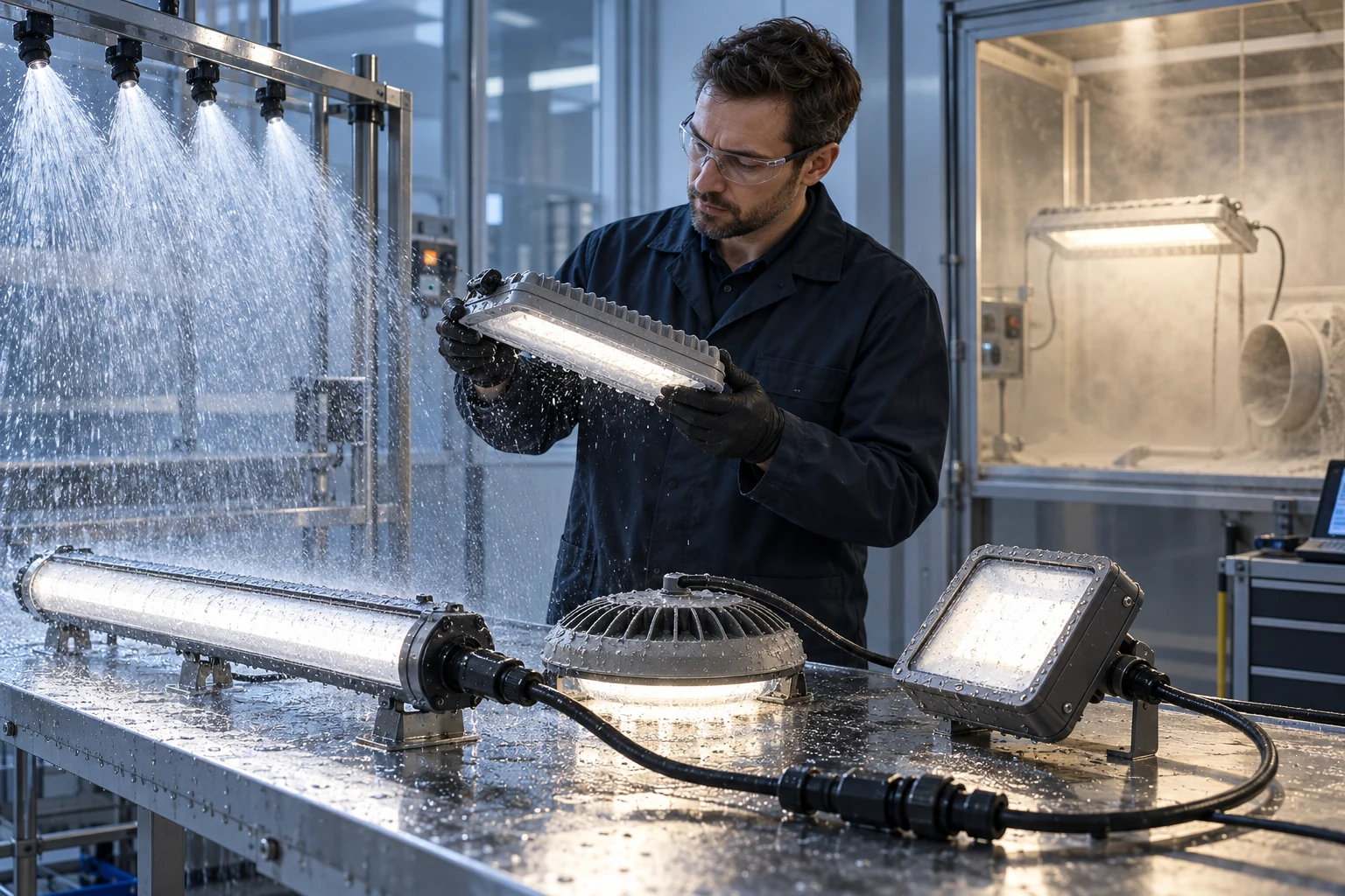 Engineer examining sealed LED luminaires in water and dust test areas