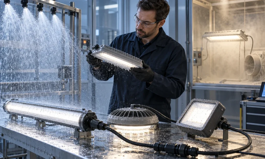 Engineer examining sealed LED luminaires in water and dust test areas