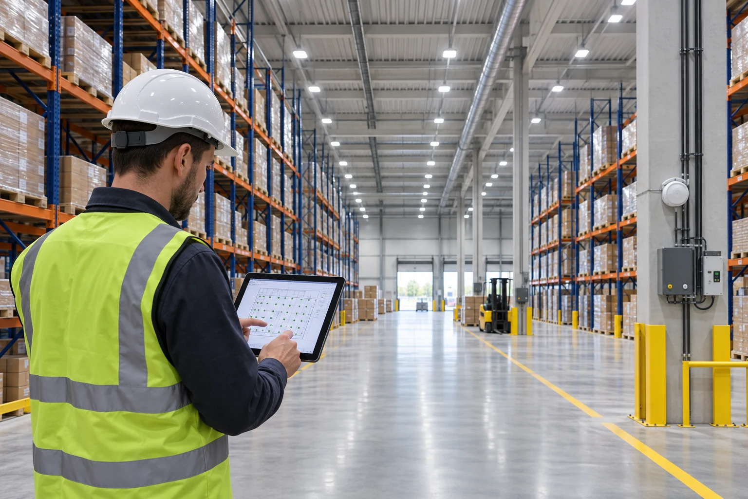 Engineer reviewing a lighting layout in a modern rack warehouse