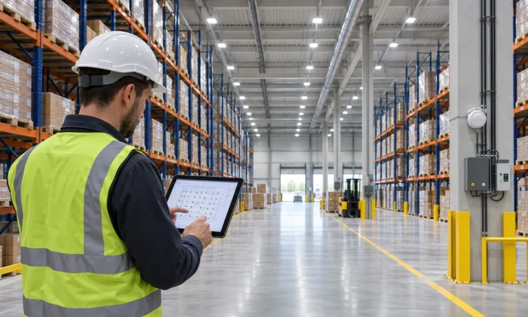 Engineer reviewing a lighting layout in a modern rack warehouse