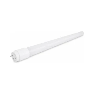 T8 LED glass tube with plastic G13 end cap on white background