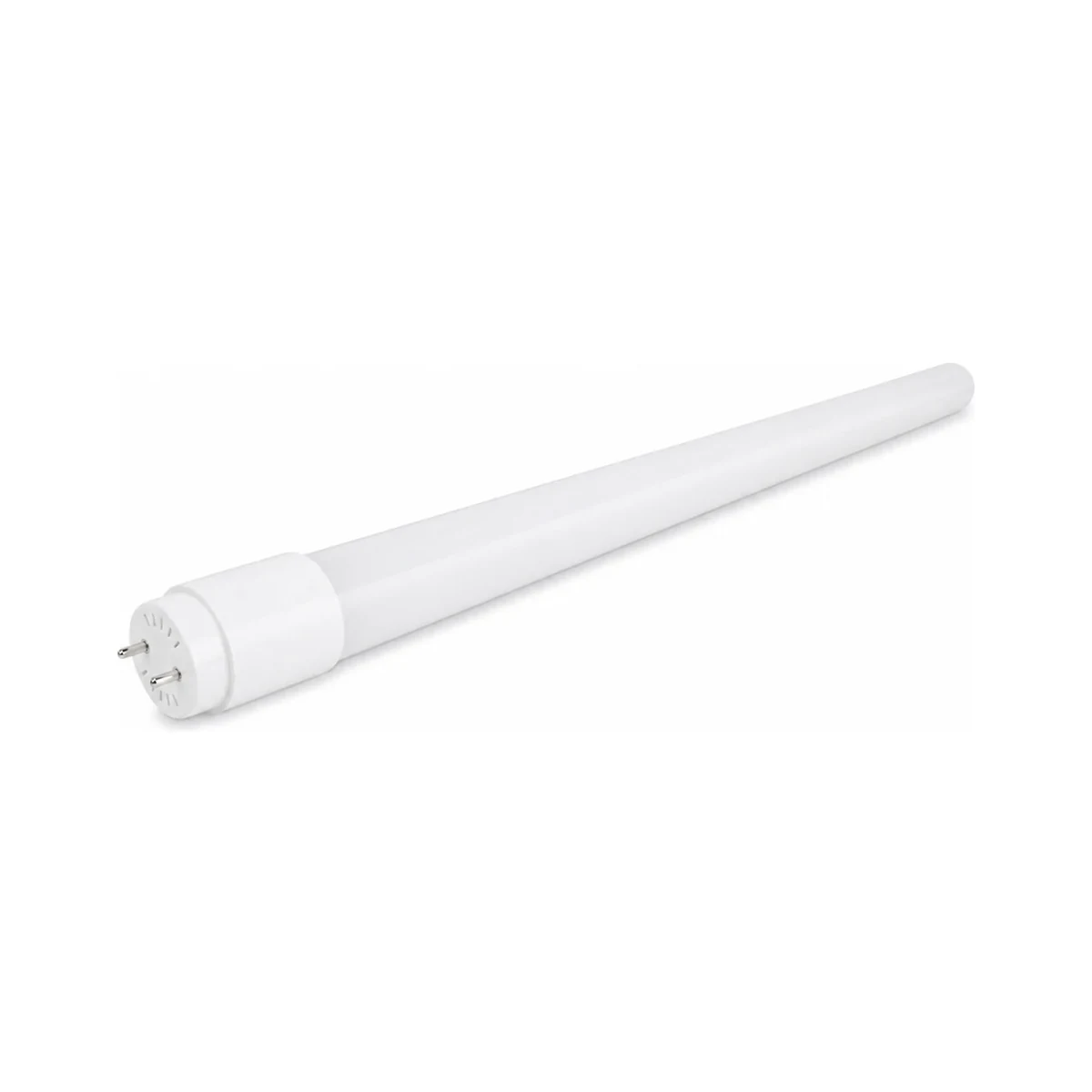 T8 LED glass tube with plastic G13 end cap on white background