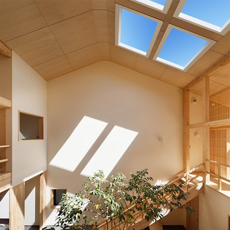 Sunlit interior with ceiling skylights