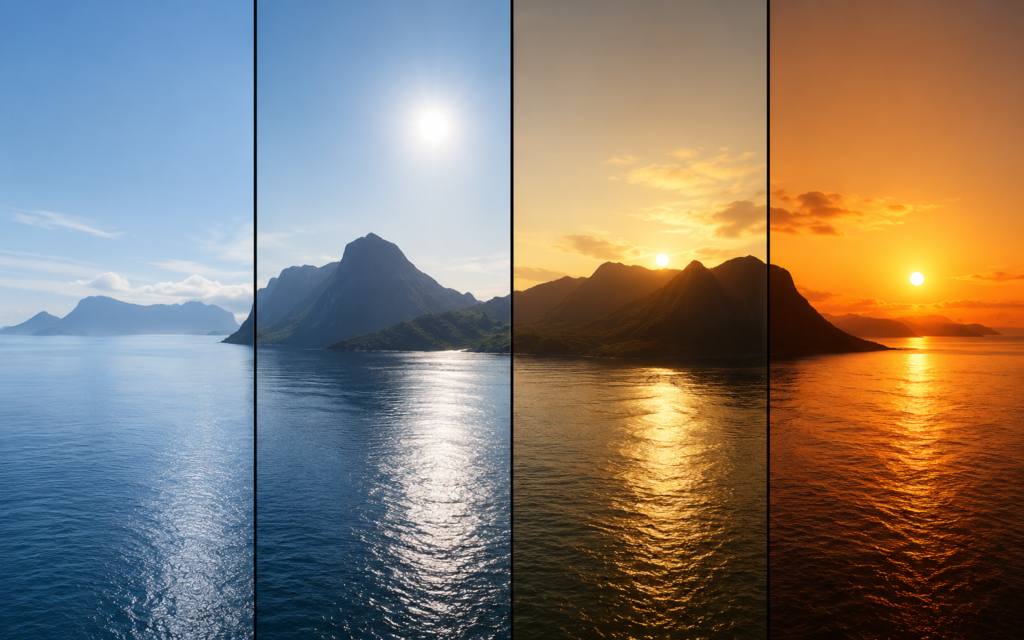 Mountain and ocean scene from blue daylight to warm sunset