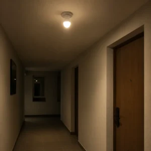A60 light-sensor bulb illuminating an indoor corridor