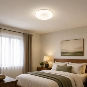 Apple-round patterned LED ceiling light installed flush to a dry indoor bedroom ceiling