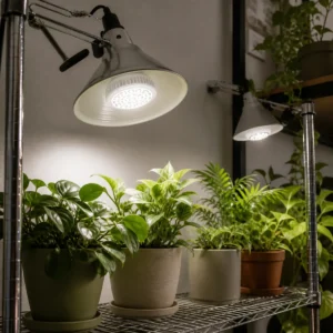 PAR38 horticultural LED bulbs in open clamp holders above indoor plants