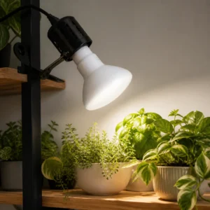 BR30 horticultural LED bulb in an open ventilated clamp holder above indoor herbs