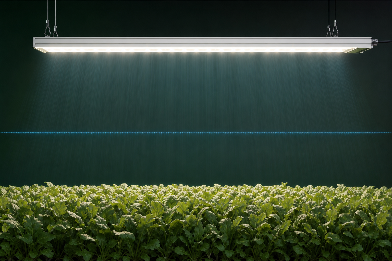 Horticultural LED fixture above a defined measurement plane and uniform plant canopy