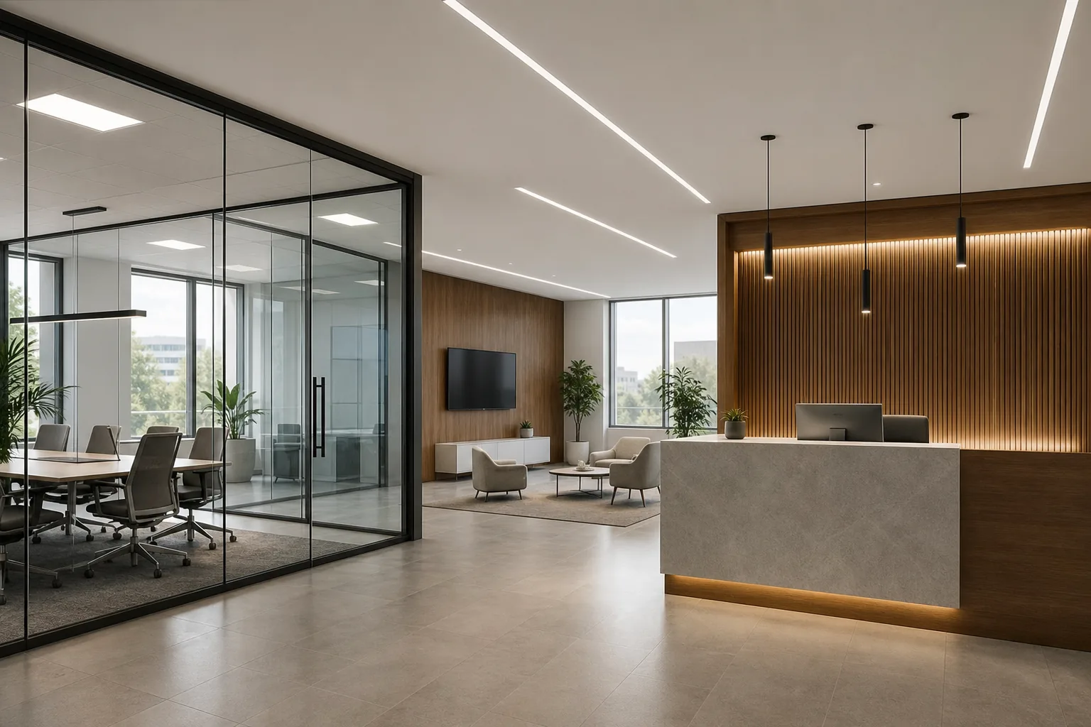 Commercial interior showing coordinated lighting across project zones