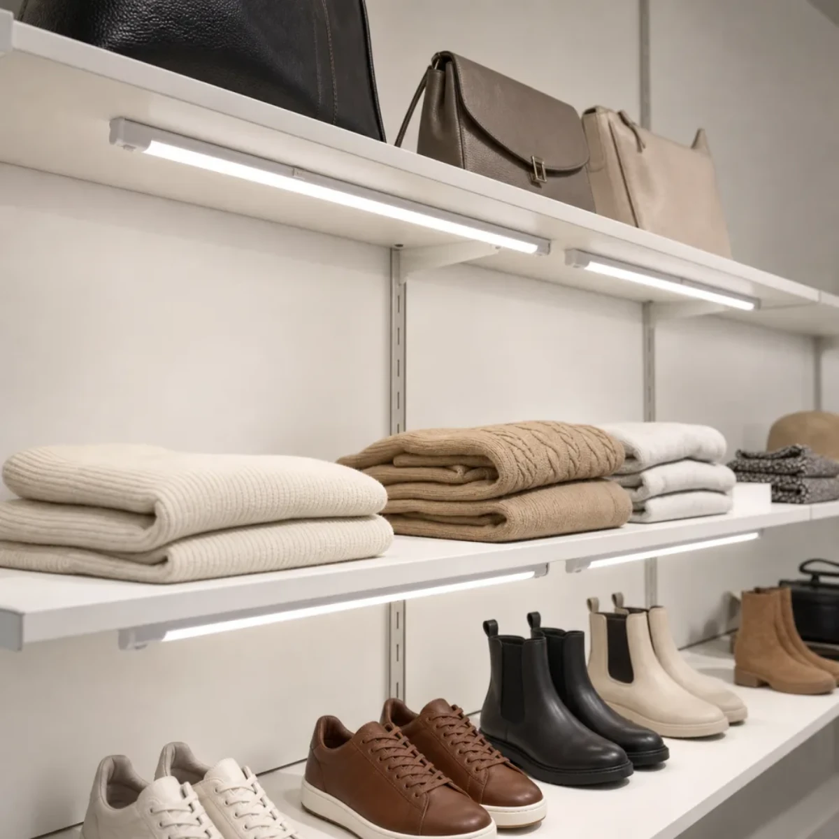 Connectable T5 integrated LED fixtures installed beneath retail shelving