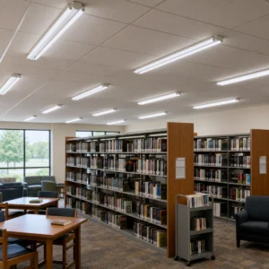 cULus certified T8 LED tubes installed in two-lamp linear fixtures in a public library