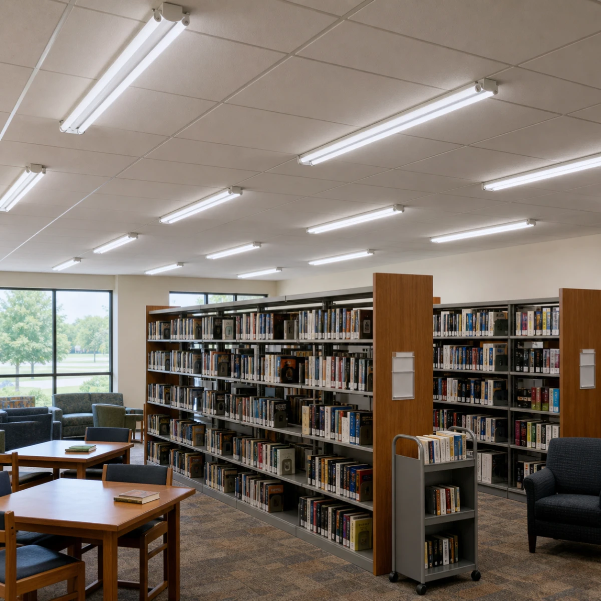 cULus certified T8 LED tubes installed in two-lamp linear fixtures in a public library