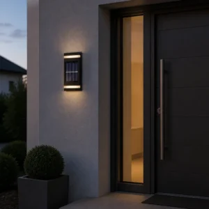 Decorative LED solar wall light beside a residential entrance at dusk