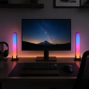 XGYDAL-LXD002-E10 desktop RGB atmosphere light bars beside a monitor