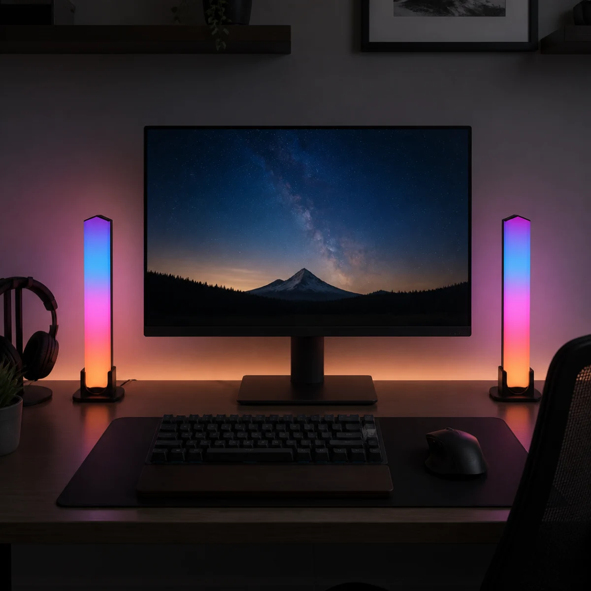 XGYDAL-LXD002-E10 desktop RGB atmosphere light bars beside a monitor