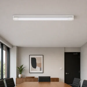 White dimmable T8 LED tube visibly installed in an open ceiling batten in a meeting room