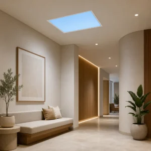 E Series rectangular artificial skylight recessed into a modern hospitality corridor ceiling