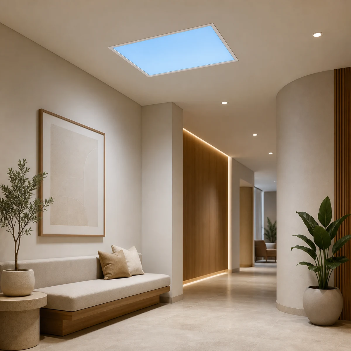 E Series rectangular artificial skylight recessed into a modern hospitality corridor ceiling