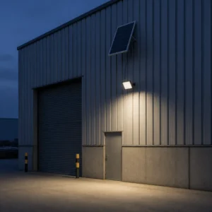 CL801 separate-panel solar flood light installed on an industrial service building
