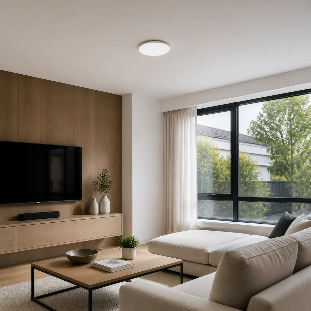 Round white metal-base LED ceiling light installed flush in a modern living room