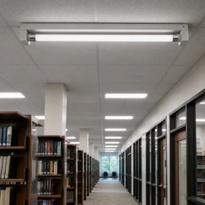 T5/T6 LED tube installed in a ceiling-mounted linear fixture in a library corridor