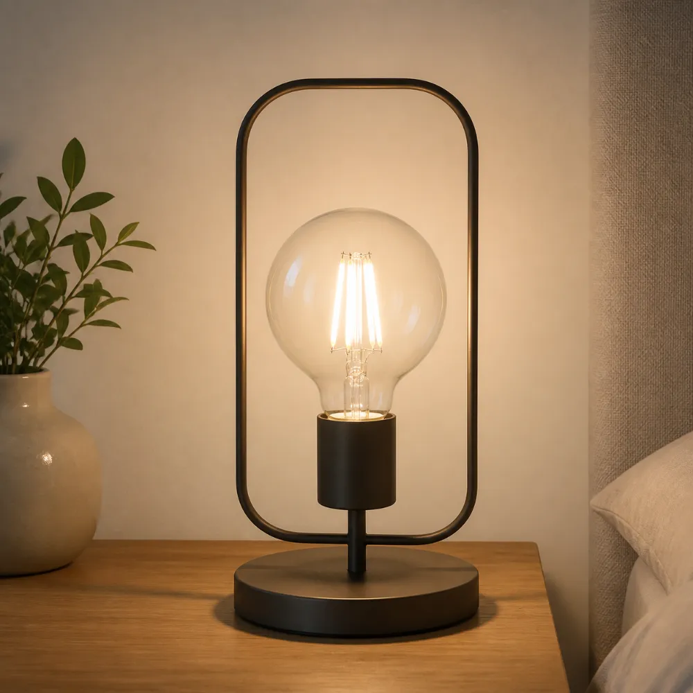 Clear EU ErP Class A LED filament bulb in an indoor bedside table lamp