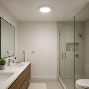 Face ring surface-mounted ceiling light installed in a residential bathroom