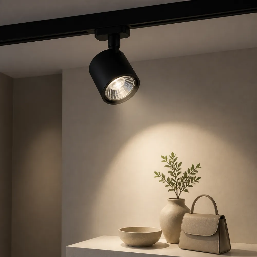 Glass GU10 LED spotlight installed in an indoor retail track fixture
