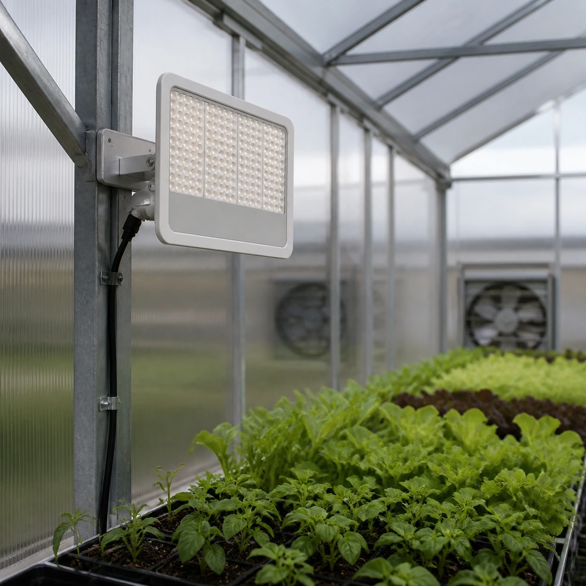 XGYPGL-FL-E100 bracket-mounted horticultural LED flood light aimed at greenhouse crops