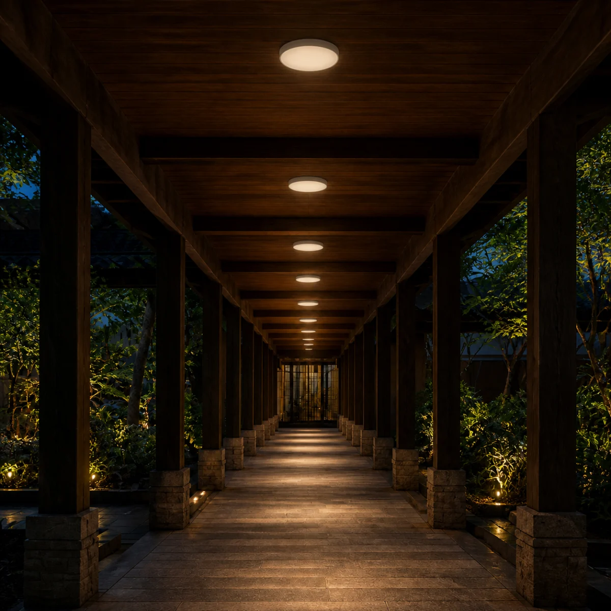 HY03C surface-mounted ceiling lights installed along a sheltered resort walkway