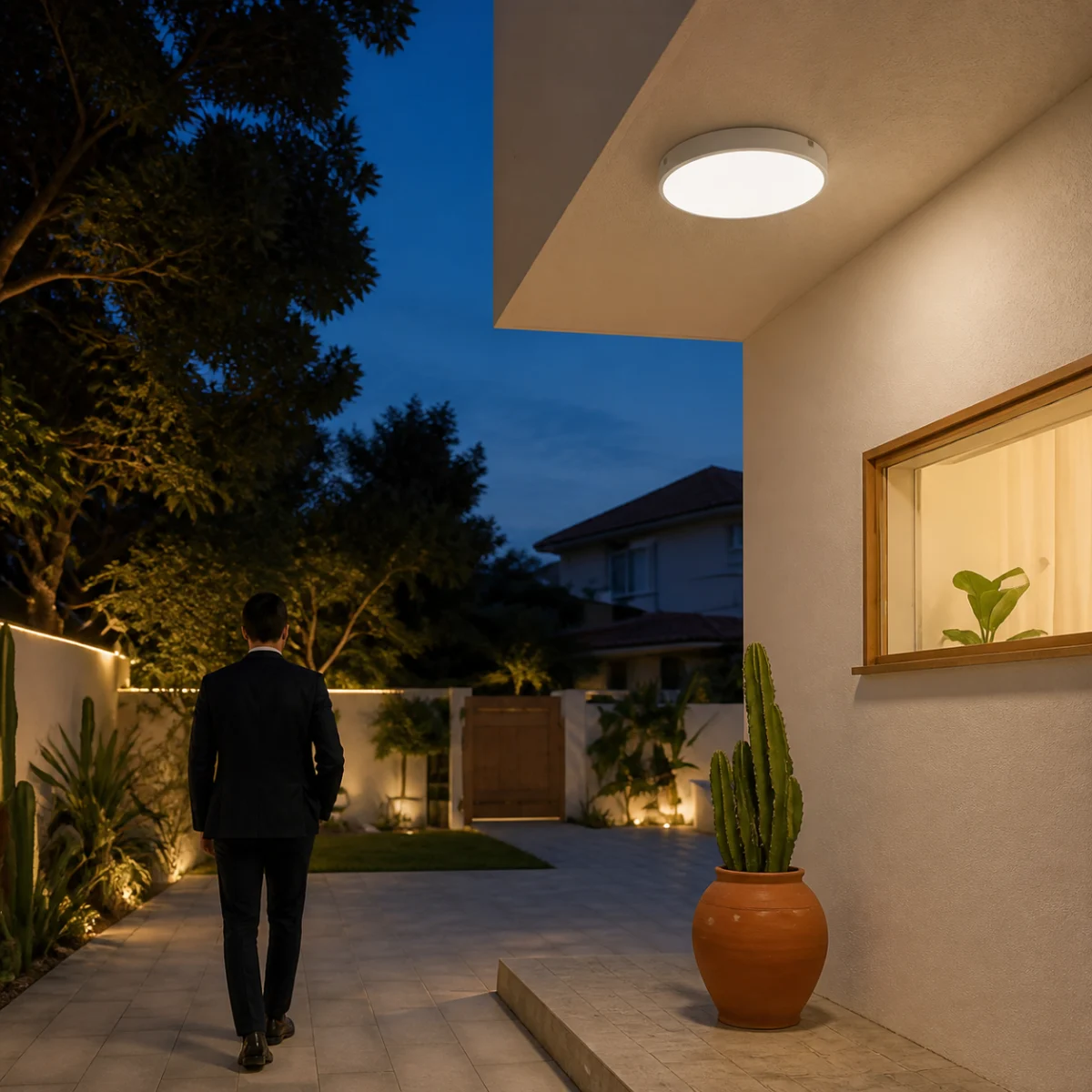 HY08 ceiling light installed beneath a covered home entrance at dusk