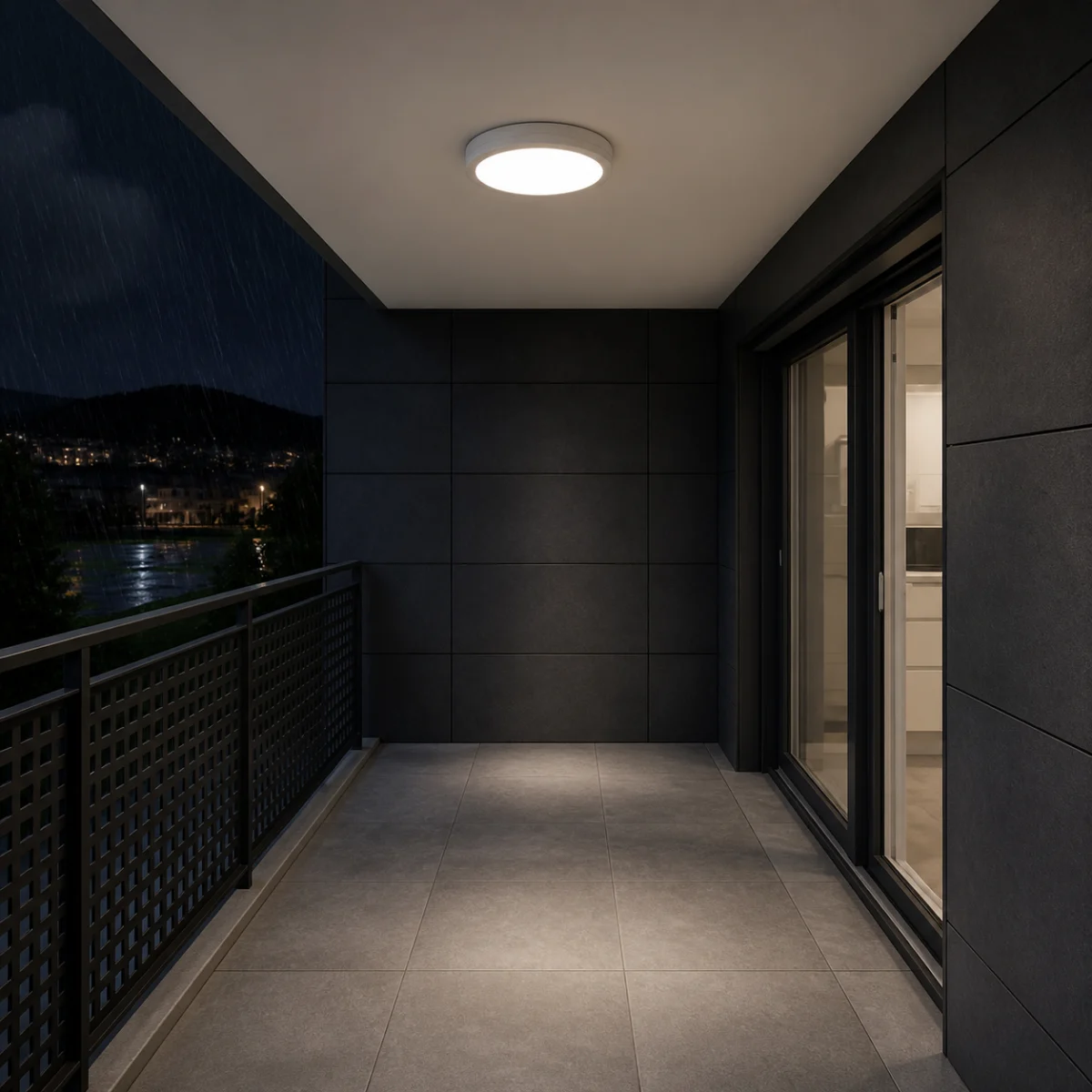 HY09 ceiling light installed on a sheltered apartment balcony during rain