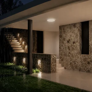 HY17 ceiling light installed beneath a covered house patio at night