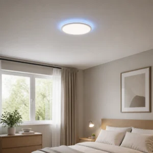White HYES flush-mount ceiling light installed in a bedroom with front white light and a subtle blue rear RGB ceiling halo