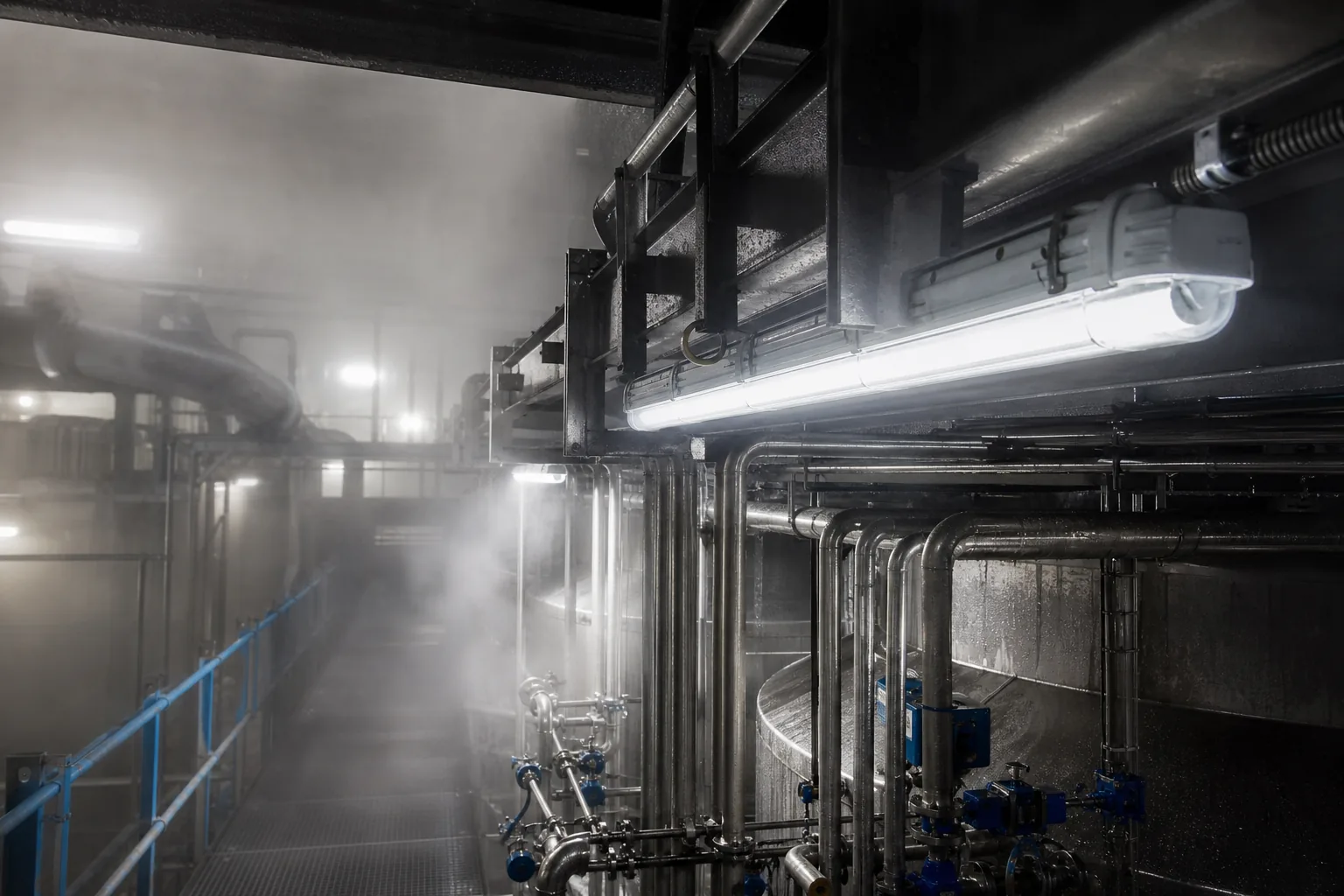 Protected industrial linear lighting in a demanding work area