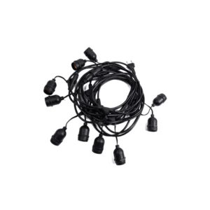 Black IP65 outdoor string light with replaceable E26 or E27 lamp holders