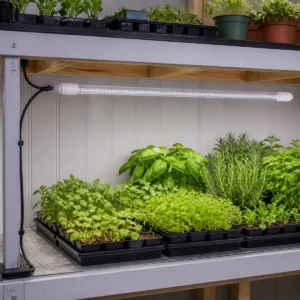 XGYPGL-T8IP65-E18 sealed cable-fed horticultural LED tube above an indoor herb rack