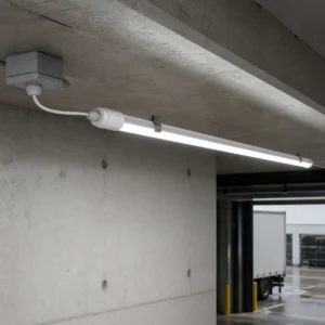 IP65 waterproof T8 LED tube secured by two clips beneath a covered loading area