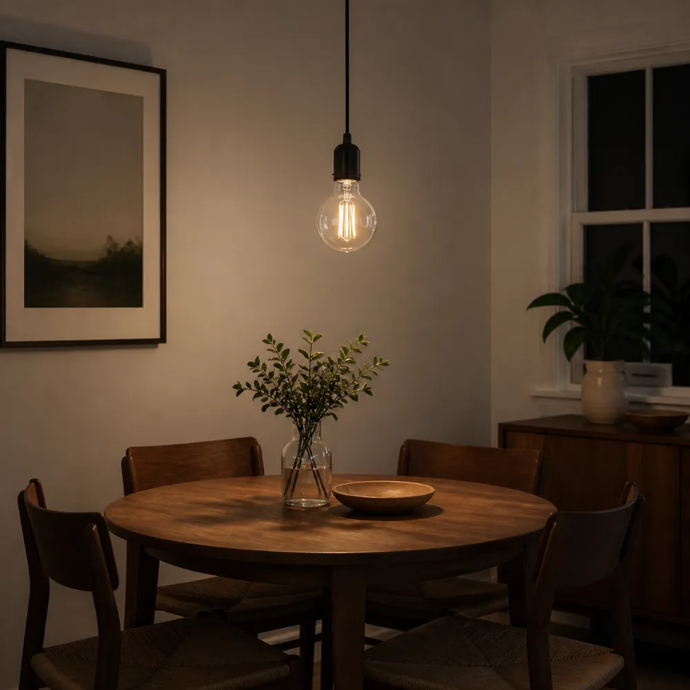 Clear LED filament bulb installed in an open dining pendant